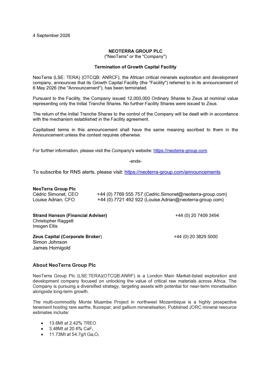 Neoterra Group PLC - Termination of Growth Capital Facility