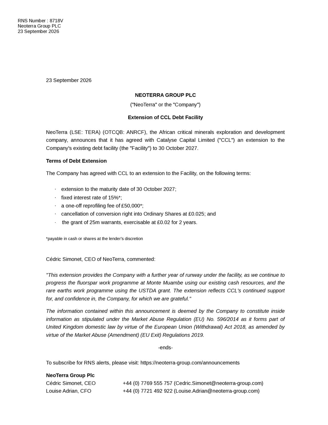 Neoterra Group PLC - Extension of CCL Debt Facility